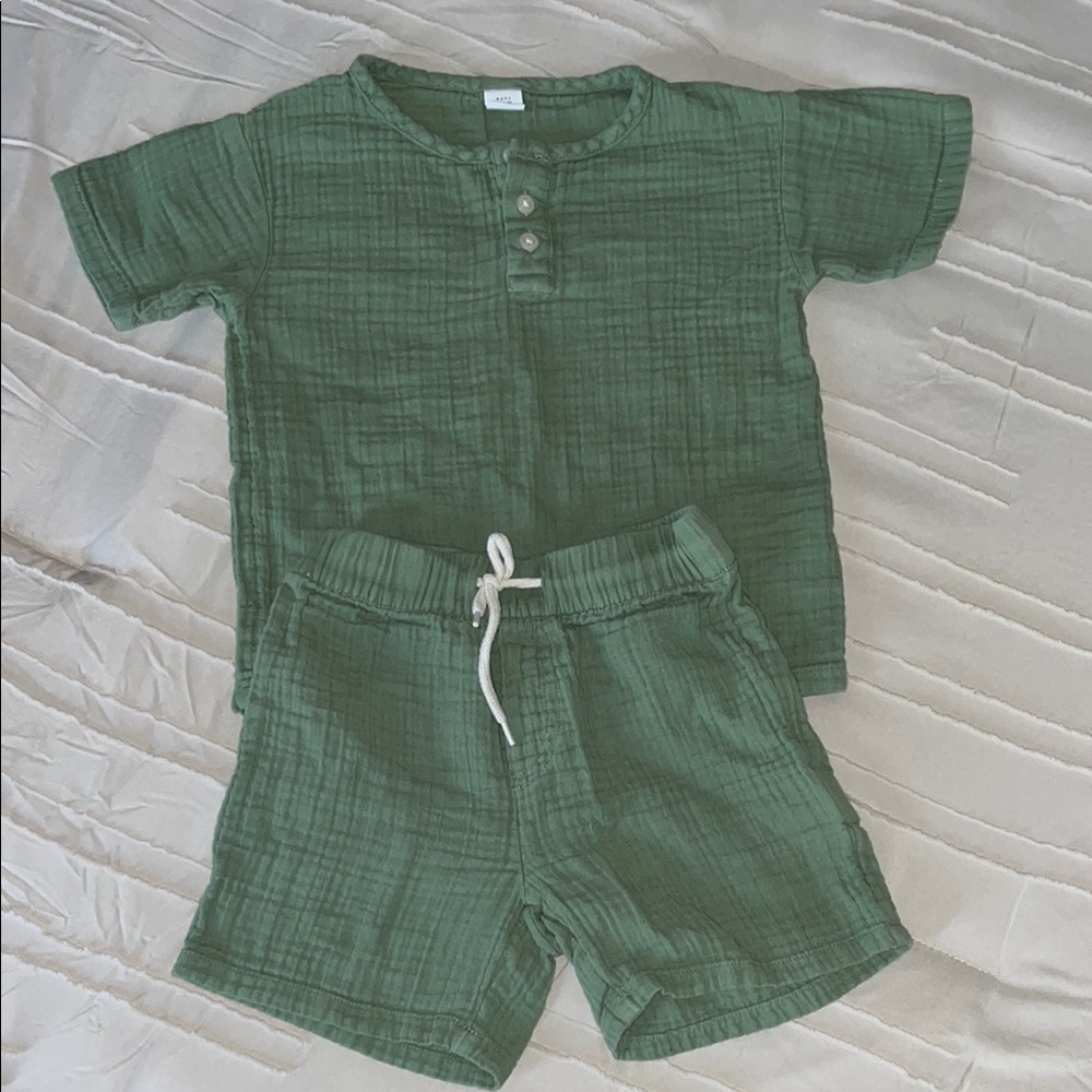 Green Button-Up Shirt and Shorts Set